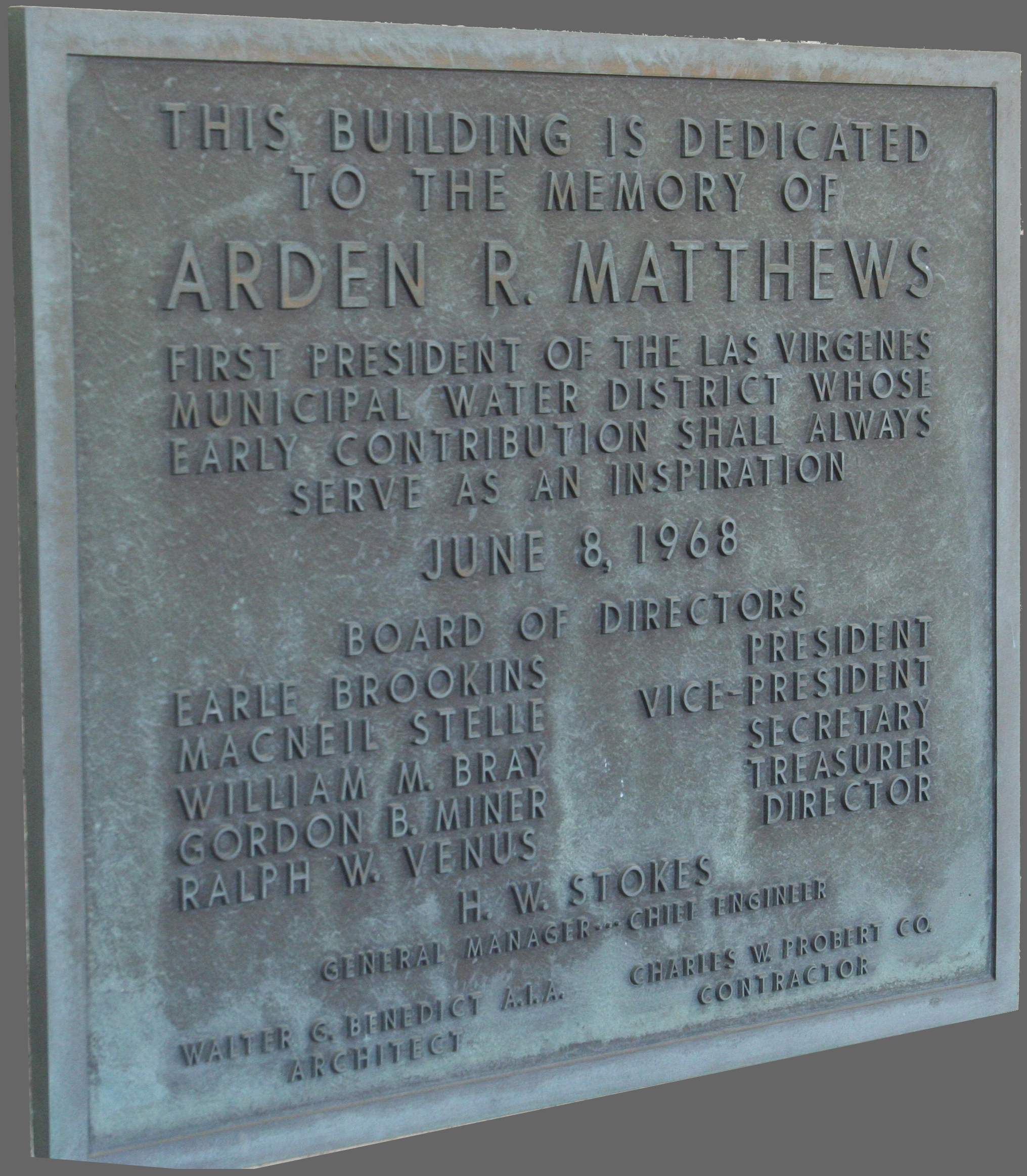 Memorial Plaque - Las Virgenes Municipal Water District Lease Building